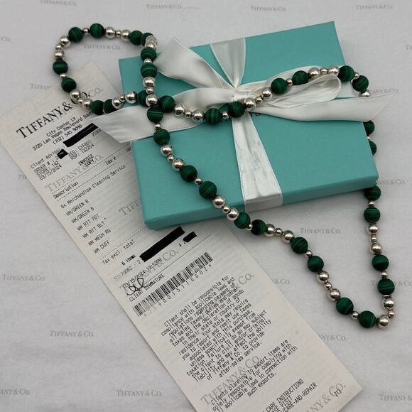 Tiffany & Co Green Malachite Sterling Silver Beads 30" Vintage Necklace Gift Box - Picture 3 of 10